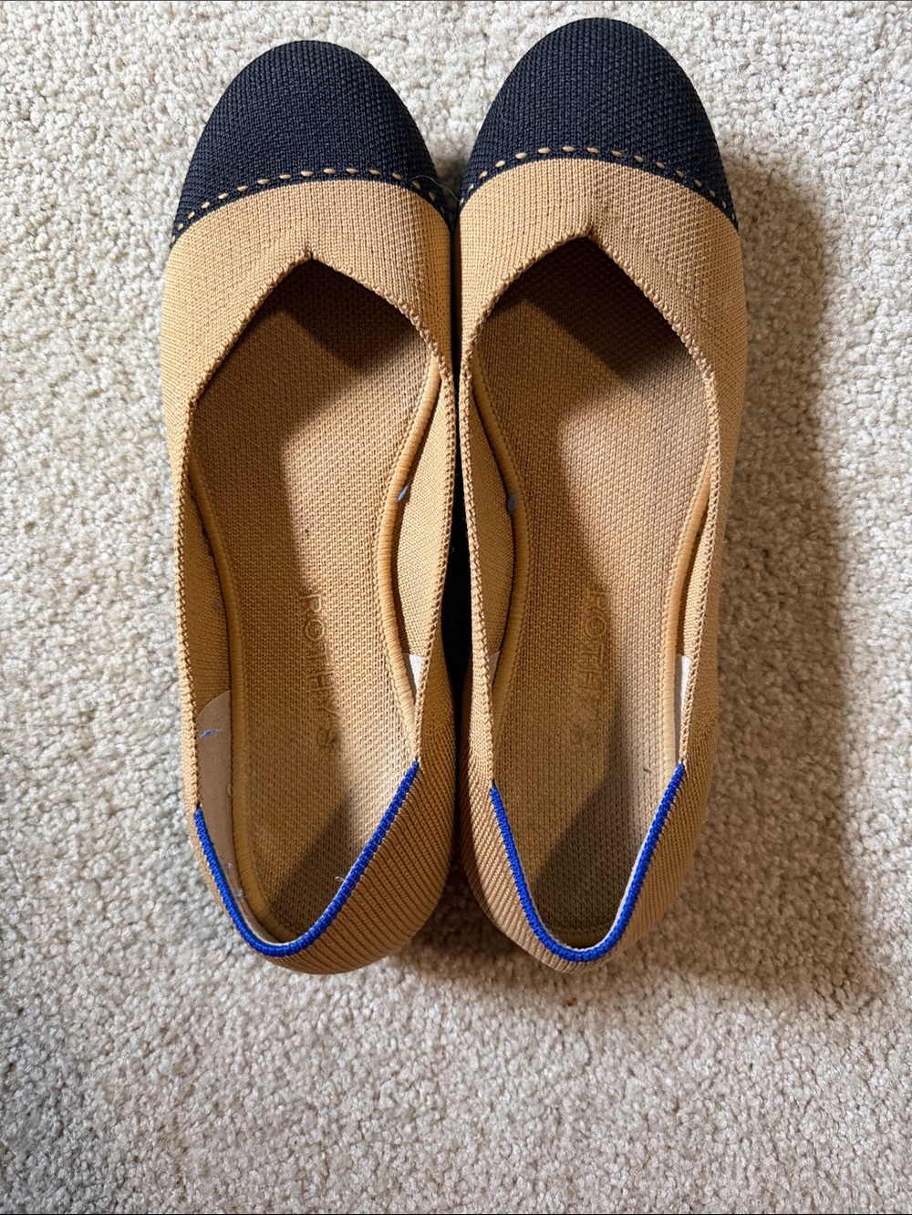 Rothy's Two-Tone Tan and Black Pointed Toe Flats